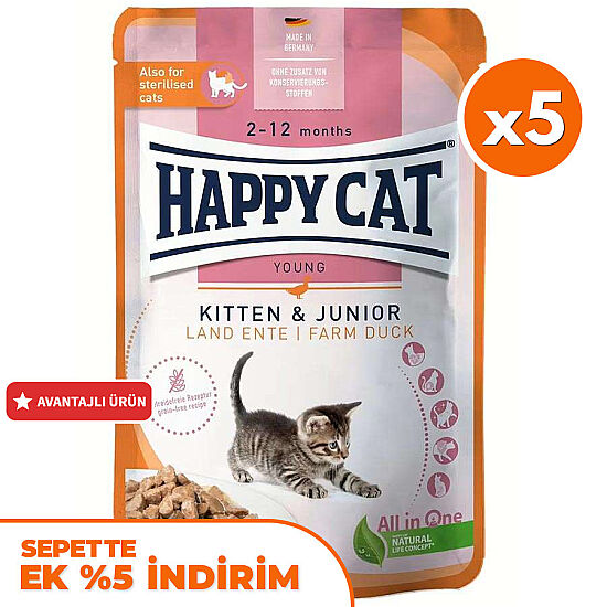 Happy Cat Meat in Sauce Kitten Junior Ördekli Kedi Yaş Maması 85 Gr x 5 Adet - 1