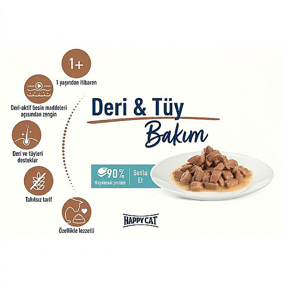 Happy Cat Meat in Sauce Skin Coat Deri ve Tüy Sağlığı Kedi Yaş Maması 85 Gr x 5 Adet - 5