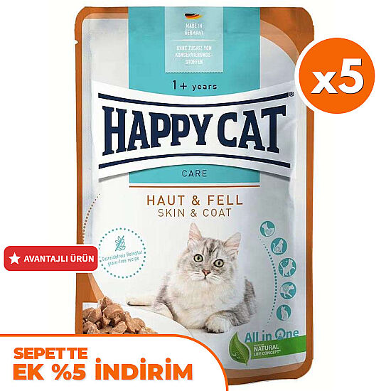 Happy Cat Meat in Sauce Skin Coat Deri ve Tüy Sağlığı Kedi Yaş Maması 85 Gr x 5 Adet - 1