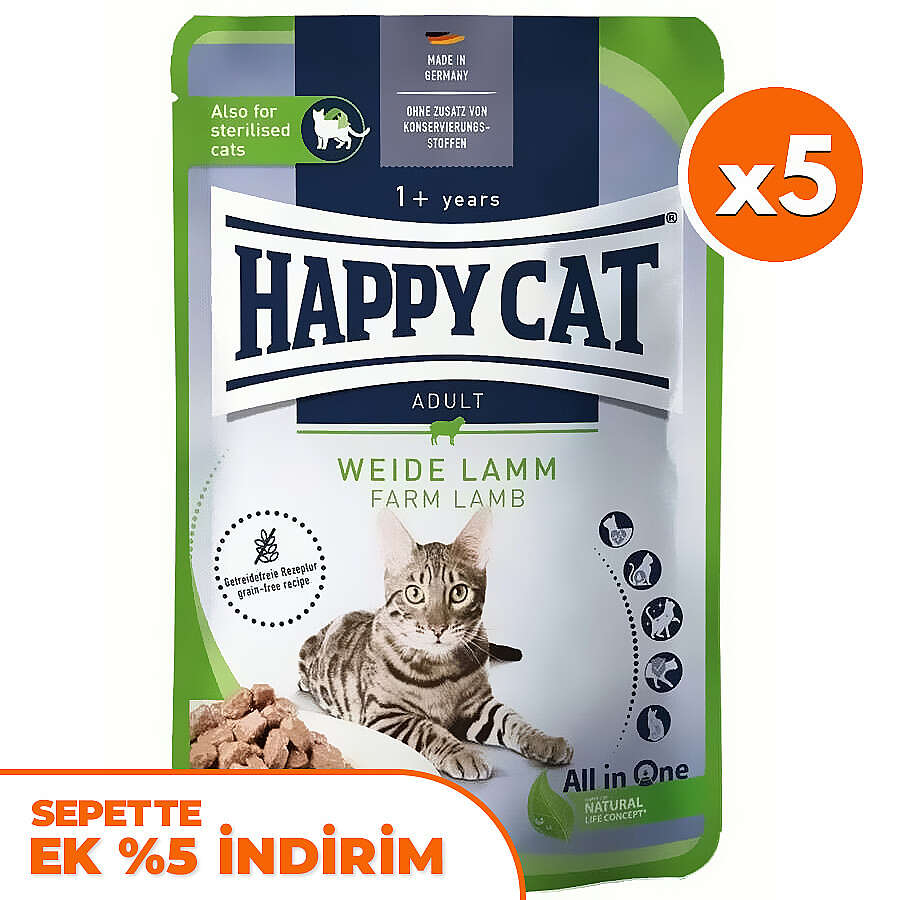 Happy Cat Meat in Sauce Sterilised Kuzu Etli Kısırlaştırılmış Kedi Yaş Maması 85 Gr x 5 Adet