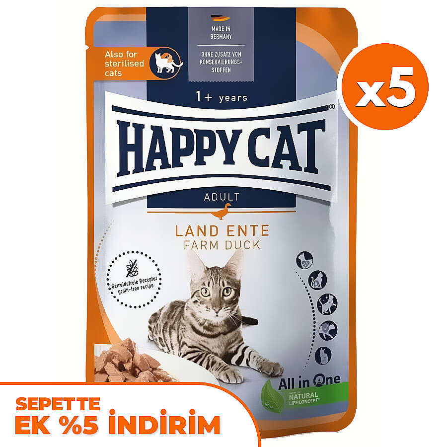 Happy Cat Meat in Sauce Sterilised Ördekli Kısırlaştırılmış Kedi Yaş Maması 85 Gr x 5 Adet