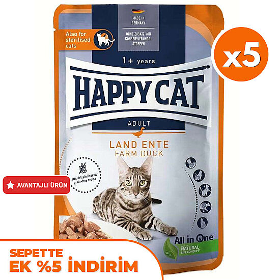 Happy Cat Meat in Sauce Sterilised Ördekli Kısırlaştırılmış Kedi Yaş Maması 85 Gr x 5 Adet - 1