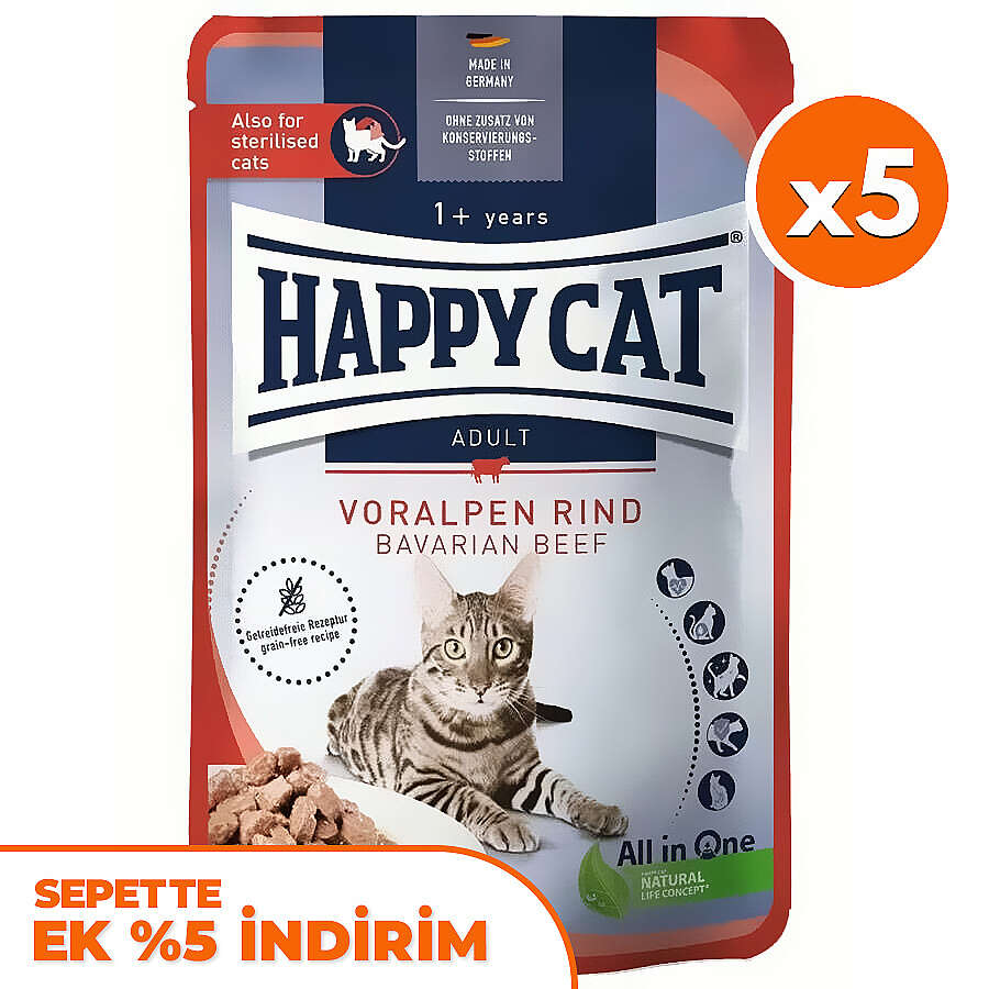 Happy Cat Meat in Sauce Sterilised Sığır Etli Kısırlaştırılmış Kedi Yaş Maması 85 Gr  x 5 Adet