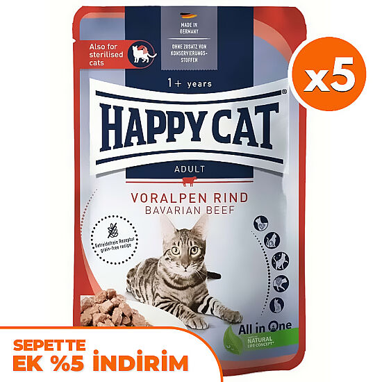 Happy Cat Meat in Sauce Sterilised Sığır Etli Kısırlaştırılmış Kedi Yaş Maması 85 Gr x 5 Adet - 1