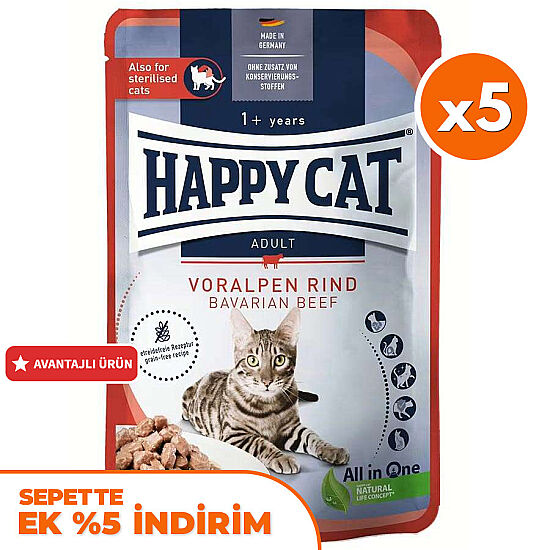 Happy Cat Meat in Sauce Sterilised Sığır Etli Kısırlaştırılmış Kedi Yaş Maması 85 Gr x 5 Adet - 1