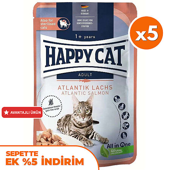Happy Cat Meat in Sauce Sterilised Somonlu Kısırlaştırılmış Kedi Yaş Maması 85 Gr x 5 Adet - 1