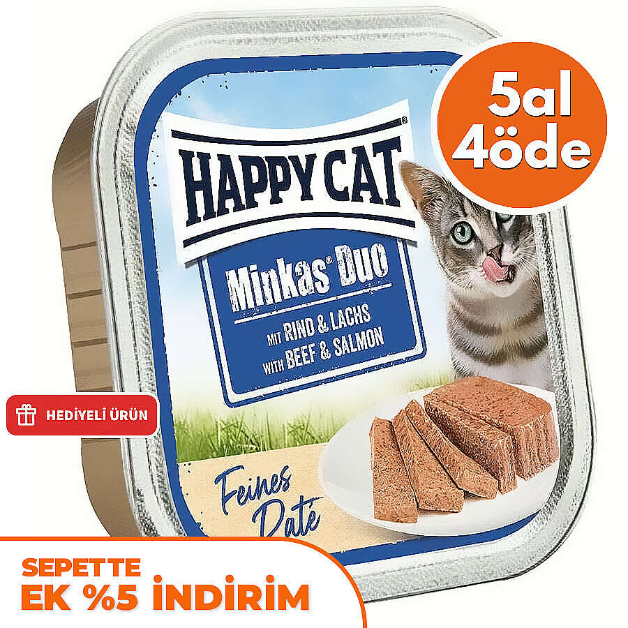 Happy Cat Minkas Duo Sığır Etli ve Somonlu Kedi Yaş Maması 100 Gr - 5 Al 4 Öde