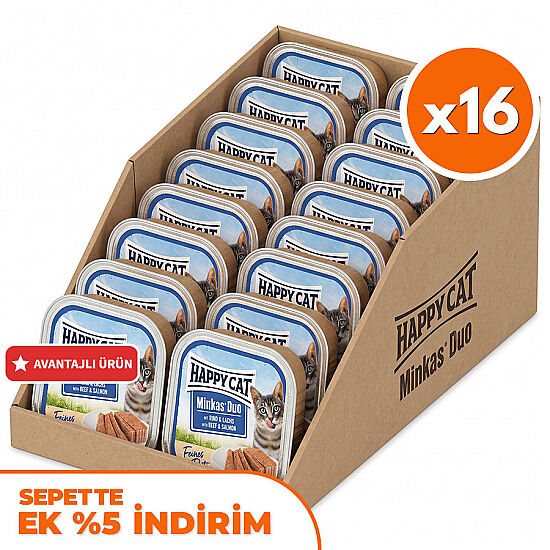 Happy Cat Minkas Duo Sığır Etli ve Somonlu Kedi Yaş Maması 100 Gr x 16 Adet - 1
