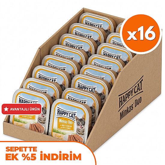 Happy Cat Minkas Duo Sığır Etli ve Tavşanlı Kedi Yaş Maması 100 Gr x 16 Adet - 1
