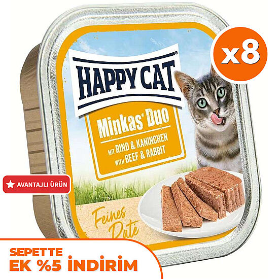 Happy Cat Minkas Duo Sığır Etli ve Tavşanlı Kedi Yaş Maması 100 Gr x 8 Adet - 1