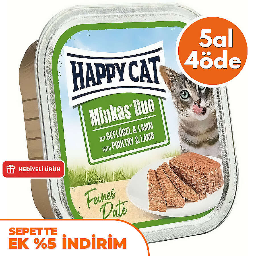 Happy Cat Minkas Duo Tavuklu ve Kuzu Etli Kedi Yaş Maması 100 Gr - 5 Al 4 Öde