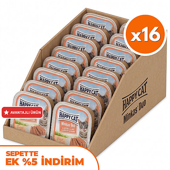 Happy Cat Minkas Duo Tavuklu ve Somonlu Kedi Yaş Maması 100 Gr x 16 Adet - 1