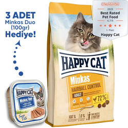 Happy Cat - Happy Cat Minkas Hairball Control Kümes Hayvanlı Kedi Maması 10 Kg + 3 Adet Happy Cat 100 Gr Yaş Mama
