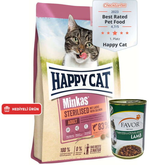 Happy Cat Minkas Sterilised Kısırlaştırılmış Somonlu Kedi Maması 4 Kg + 2 Adet Favor Kuzu Etli Kedi Konservesi 400 Gr - 1