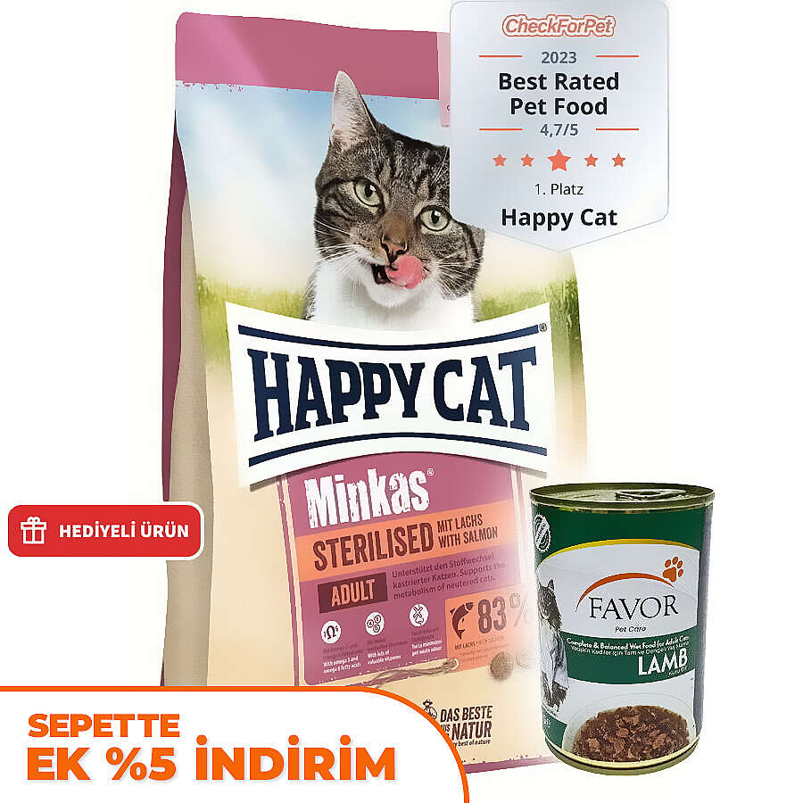 Happy Cat Minkas Sterilised Kısırlaştırılmış Somonlu Kedi Maması 4 Kg + 2 Adet Favor Kuzu Kedi Konservesi 400 Gr