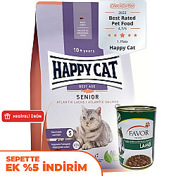 Happy Cat Senior Atlantik Salmon 10 Yaş ve Üzeri Yaşlı Kedi Maması 4 Kg + 2 Adet Favor Kuzu Konservesi 400 Gr - Happy Cat