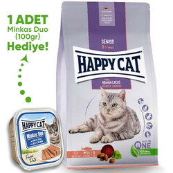 Happy Cat - Happy Cat Senior Atlantik Salmon 8 Yaş ve Üzeri Yaşlı Kedi Maması 4 Kg + Happy Cat 100 Gr Yaş Mama