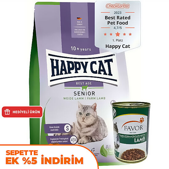 Happy Cat Senior Kuzu Etli 10 Yaş ve Üzeri Yaşlı Kedi Maması 4 Kg + 2 Adet Favor Kuzu Konservesi 400 Gr - 1