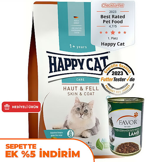 Happy Cat Skin Coat Deri ve Tüy Sağlığı Kedi Maması 4 Kg + 2 Adet Favor Kuzu Konservesi 400 Gr - 1