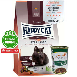 Happy Cat Sterilised Atlantic Somon Kısırlaştırılmış Kedi Maması 10 Kg + 5 Adet Favor Kuzu Kedi Konservesi 400 Gr - Happy Cat