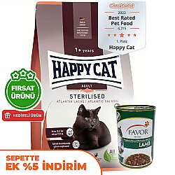 Happy Cat Sterilised Atlantic Somon Kısırlaştırılmış Kedi Maması 10 Kg + 5 Adet Favor Kuzu Konservesi 400 Gr - Happy Cat