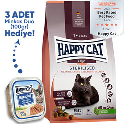 Happy Cat - Happy Cat Sterilised Atlantic Somon Kısırlaştırılmış Kedi Maması 10 Kg + 3 Adet Happy Cat 100 Gr Yaş Mama