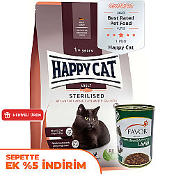 Happy Cat Sterilised Atlantic Somon Kısırlaştırılmış Kedi Maması 4 Kg + 2 Adet Favor Kuzu Konservesi 400 Gr - Happy Cat