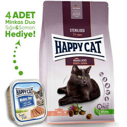 Happy Cat - Happy Cat Sterilised Atlantic Somon Kısırlaştırılmış Kedi Maması 4 Kg + 4 Adet Happy Cat 100 Gr