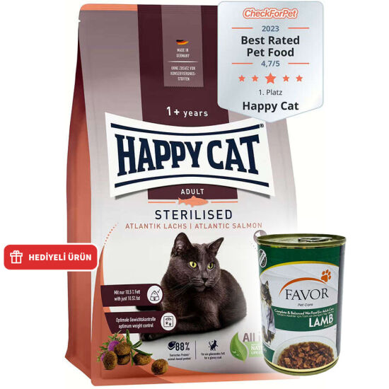 Happy Cat Sterilised Atlantic Somon Kısırlaştırılmış Kedi Maması 4 Kg + 2 Adet Favor Kuzu Konservesi 400 Gr - 1