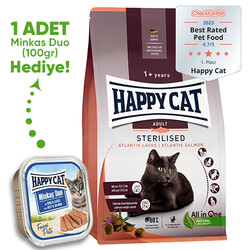 Happy Cat - Happy Cat Sterilised Atlantic Somon Kısırlaştırılmış Kedi Maması 4 Kg + Happy Cat 100 Gr Yaş Mama