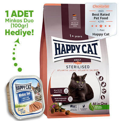 Happy Cat Sterilised Atlantic Somon Kısırlaştırılmış Kedi Maması 4 Kg + Happy Cat 100 Gr Yaş Mama