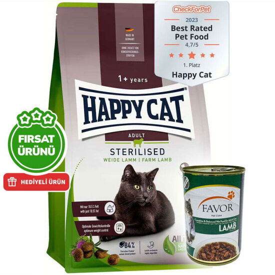 Happy Cat Sterilised Kuzu Kısırlaştırılmış Kedi Maması 10 Kg + 5 Adet Favor Kuzu Konservesi 400 Gr - 1