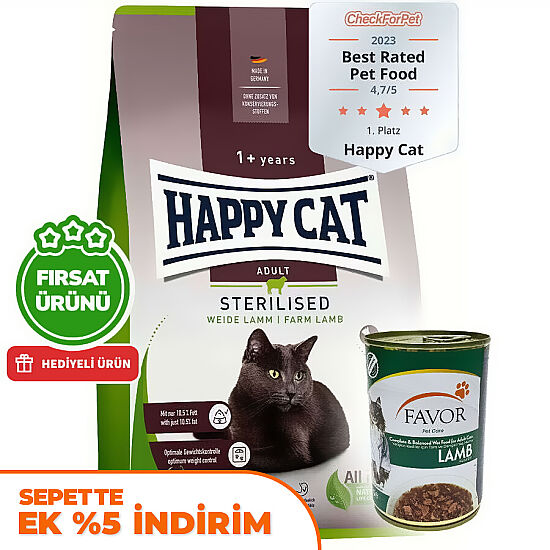 Happy Cat Sterilised Kuzu Kısırlaştırılmış Kedi Maması 10 Kg + 5 Adet Favor Kuzu Konservesi 400 Gr - 1