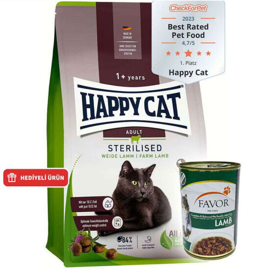 Happy Cat Sterilised Kuzu Kısırlaştırılmış Kedi Maması 4 Kg + 2 Adet Favor Kuzu Kedi Konservesi 400 Gr - 1