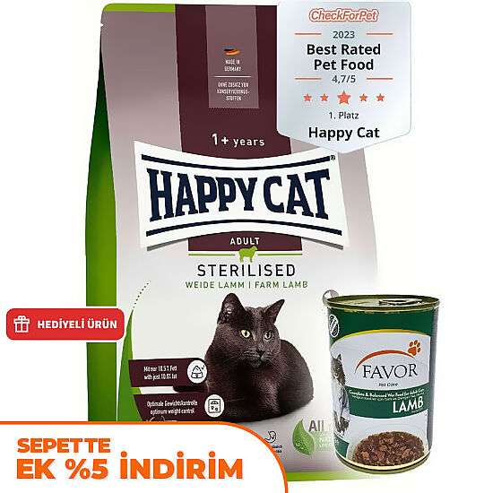 Happy Cat Sterilised Kuzu Kısırlaştırılmış Kedi Maması 4 Kg + 2 Adet Favor Kuzu Kedi Konservesi 400 Gr - 1