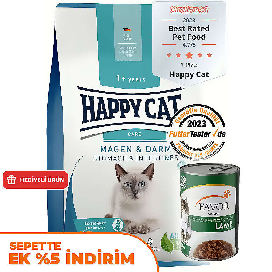 Happy Cat Stomach Intestines Hassas Sindirim Kedi Maması 4 Kg + 2 Adet Favor Kuzu Konservesi 400 Gr