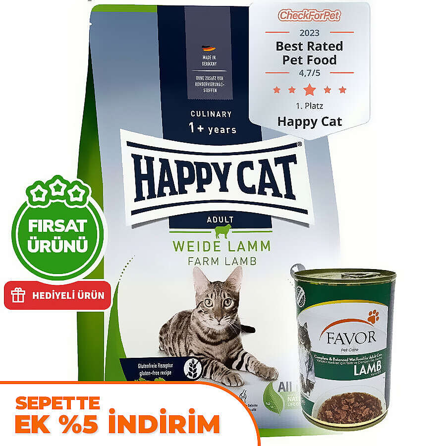Happy Cat Culinary Weide Lamm Kuzu Etli Kedi Maması 10 Kg + 5 Adet Favor Kuzu Konservesi 400 Gr