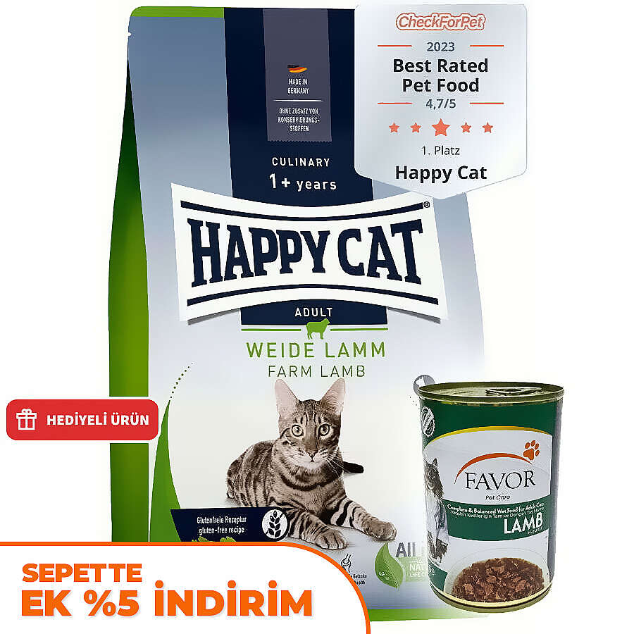 Happy Cat Culinary Weide Lamm Kuzu Etli Kedi Maması 4 Kg + 2 Adet Favor Kuzu Konservesi 400 Gr