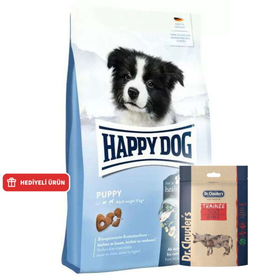 Happy Dog Puppy Kümes Hayvanı ve Somon Yavru Köpek Maması 4 Kg + Dr. Clauders Biftekli Ödül Küpleri 80 Gr - 1