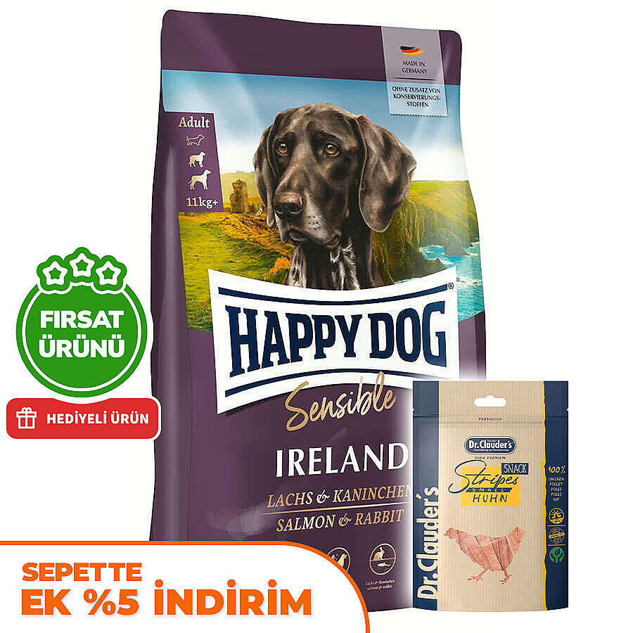 Happy Dog Ireland Somon ve Tavşanlı Köpek Maması 12,5 Kg + 2 Adet Dr. Clauders Ödül 80 Gr