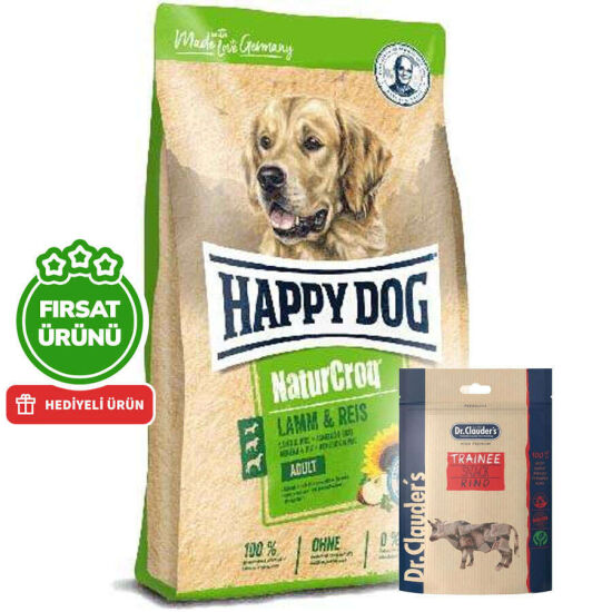 Happy Dog NaturCroq Kuzu Etli Köpek Maması 15 Kg + 2 Adet Dr. Clauders Biftekli Ödül 80 Gr