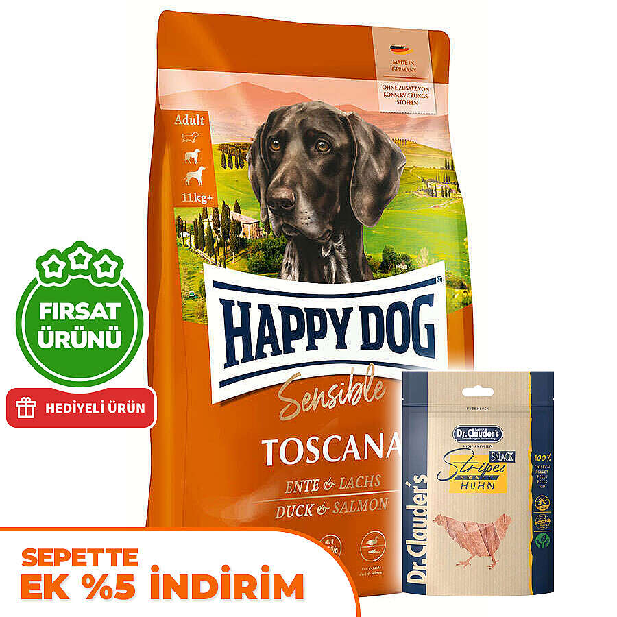 Happy Dog Toscana Ördek ve Somonlu Köpek Maması 12,5 Kg + 2 Adet Dr. Clauders Ödül 80 Gr