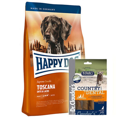 Happy Dog Toscana Ördek ve Somonlu Köpek Maması 12,5 Kg + Dr. Clauders Country Dental Ödül
