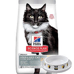 Hills 7+ Kısırlaştırılmış Tavuklu Yaşlı Kedi Maması 1,5 Kg + Moderna Desenli Mama Kabı - Hills