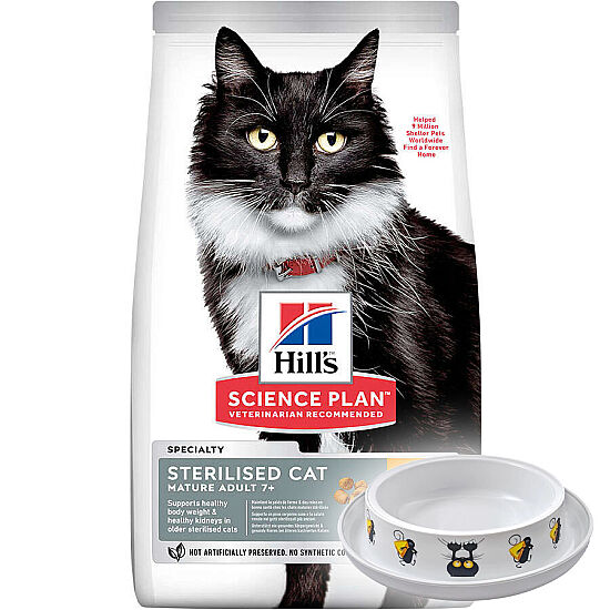 Hills 7+ Kısırlaştırılmış Tavuklu Yaşlı Kedi Maması 1,5 Kg + Moderna Desenli Mama Kabı - 1