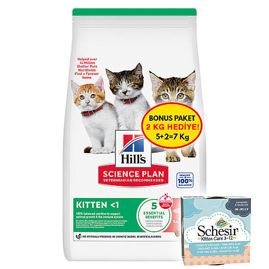 Hills Kitten Somonlu Yavru Kedi Maması 5 + 2 Kg (Toplam 7 Kg) + 2 Adet Schesir Ton Balıklı ve Aloe Kedi Konservesi - 1