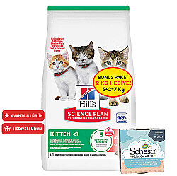 Hills Kitten Somonlu Yavru Kedi Maması 5 + 2 Kg (Toplam 7 Kg) + 2 Adet Schesir Ton Balıklı ve Aloe Kedi Konservesi - Hills