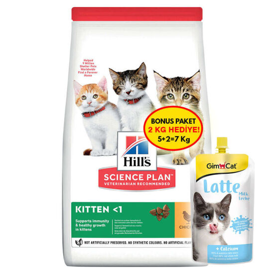 Hills Kitten Tavuk Etli Yavru Kedi Maması 5 + 2 Kg (Toplam 7 Kg) + Gimcat Milk Latte 200 ML - 1