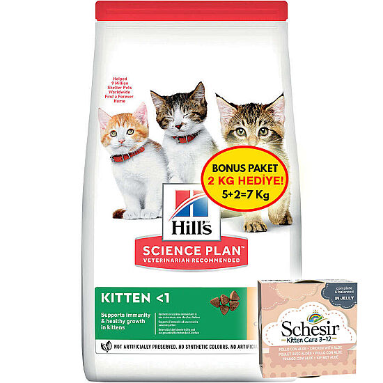 Hills Kitten Tavuk Etli Yavru Kedi Maması 5 + 2 Kg (Toplam 7 Kg) + 2 Adet Schesir Tavuk Etli ve Aloe Veralı Kedi Konservesi - 1