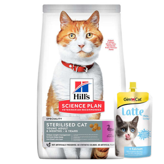 Hills Sterilised Kısırlaştırılmış Ördekli Kedi Maması 3 Kg + Gimcat Milk Latte 200 ML - 1